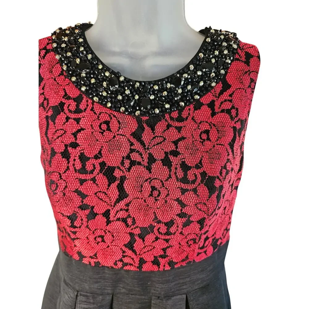 Eliza J Sz 4P Red/Blk Floral Dress Beaded Collar Lace Fit and Flare - Picture 5 of 13